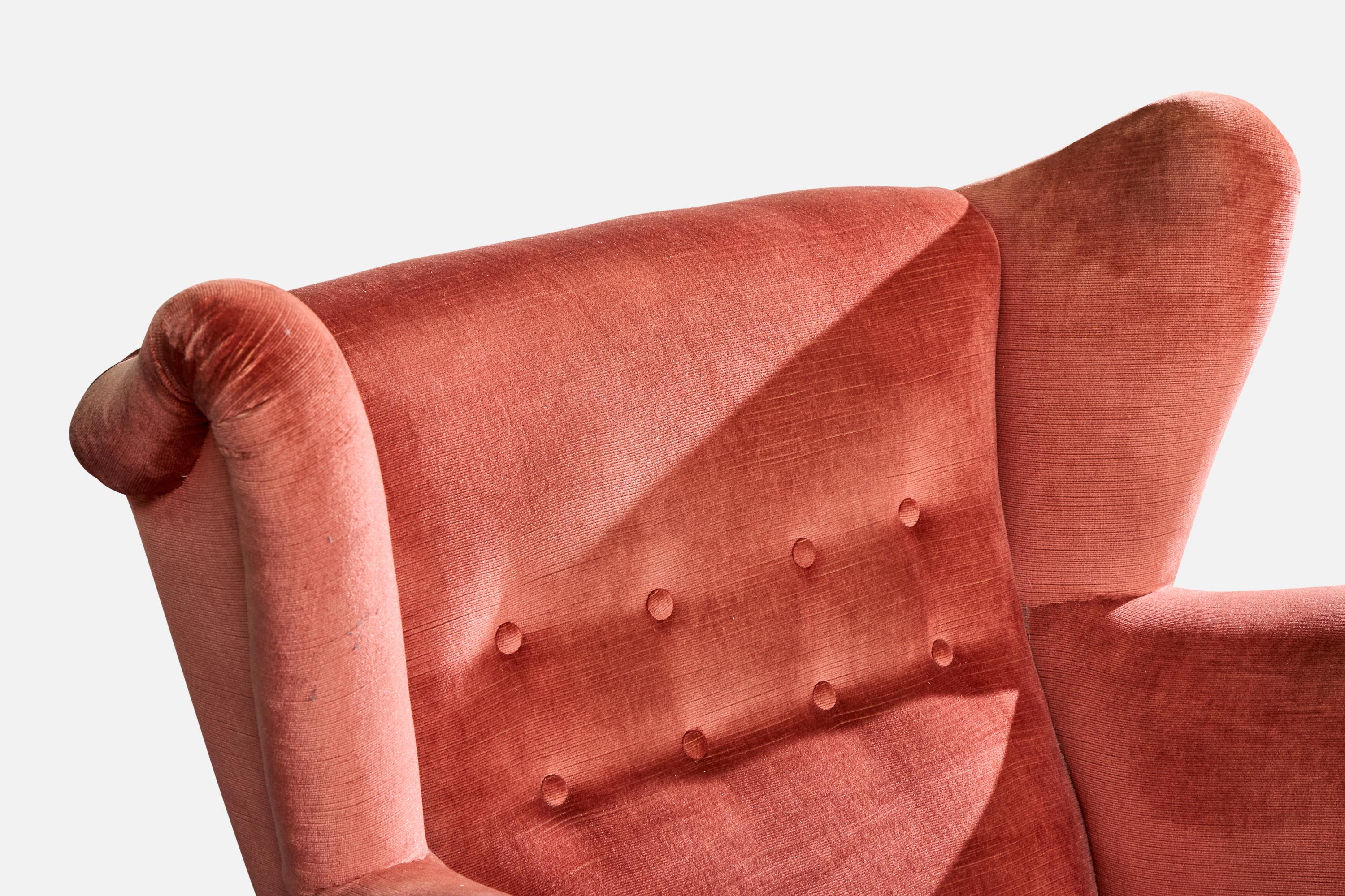 Designer suédois, chaise longue avec pouf, velours, Wood, Suède, années 1940 en vente 4