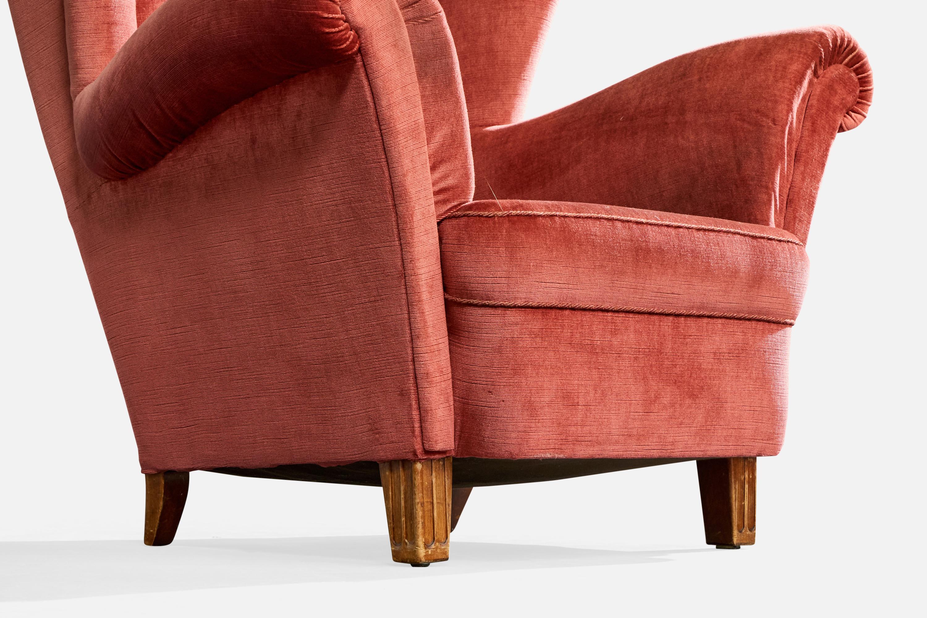 Designer suédois, chaise longue avec pouf, velours, Wood, Suède, années 1940 en vente 7