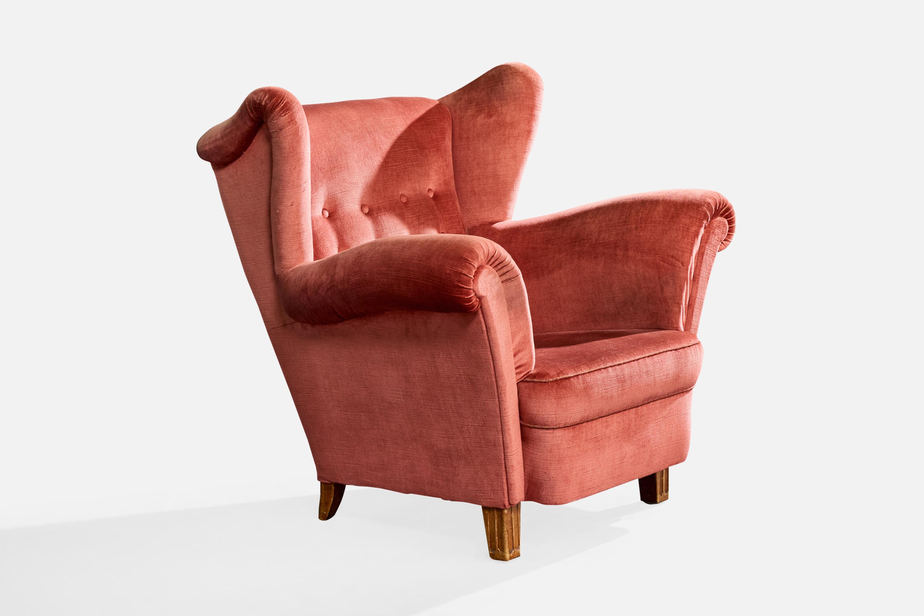 Scandinave moderne Designer suédois, chaise longue avec pouf, velours, Wood, Suède, années 1940 en vente