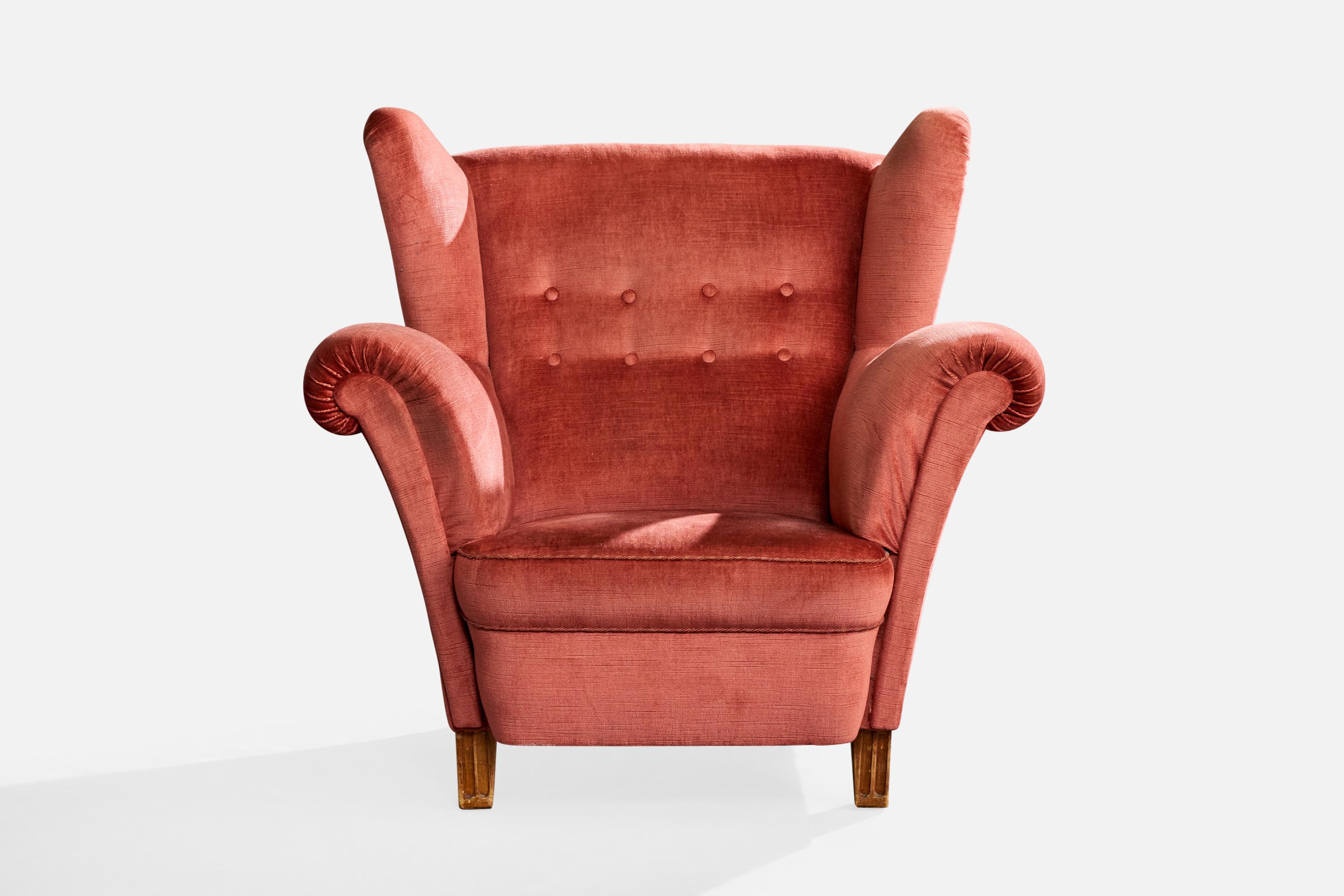 Suédois Designer suédois, chaise longue avec pouf, velours, Wood, Suède, années 1940 en vente