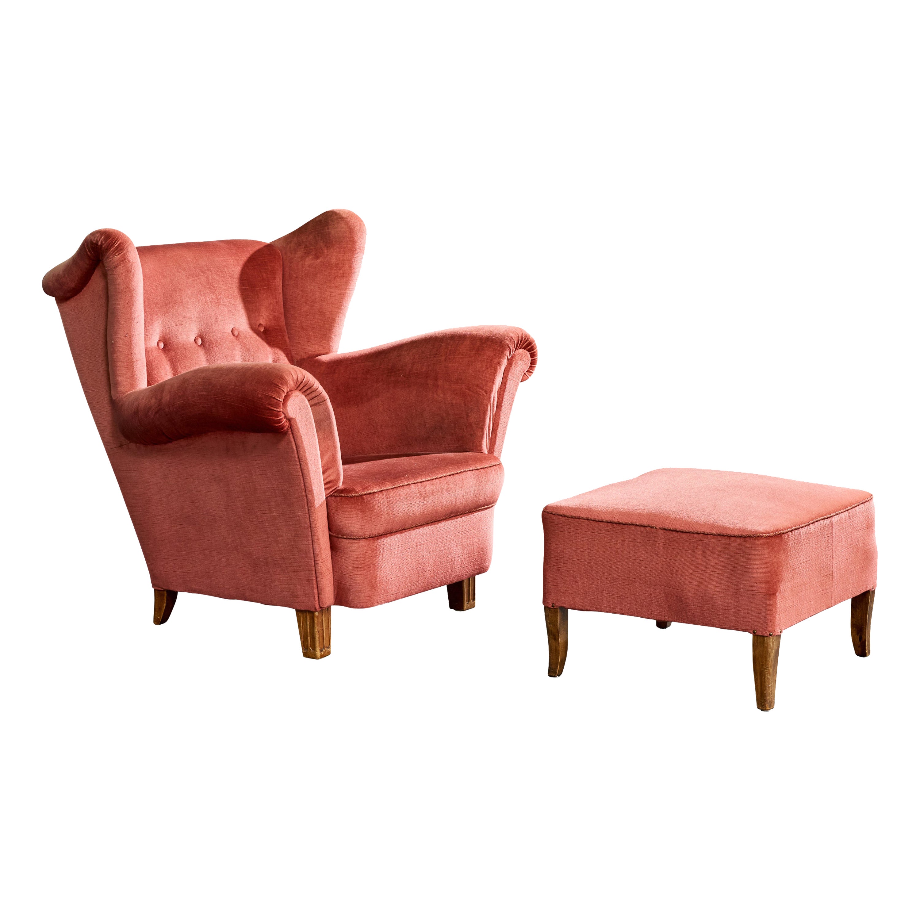 Designer suédois, chaise longue avec pouf, velours, Wood, Suède, années 1940