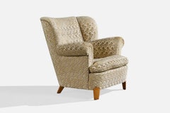 Swedish Designer, Lounge Chair with Ottoman, Wood, Fabric, Sweden, 1940s