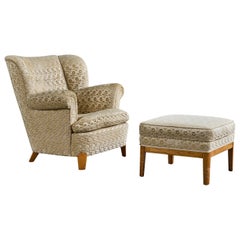 Swedish Designer, Lounge Chair with Ottoman, Wood, Fabric, Sweden, 1940s