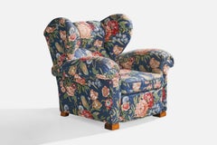 Swedish Designer, Lounge Chair, Wood, Fabric, Sweden, 1930s