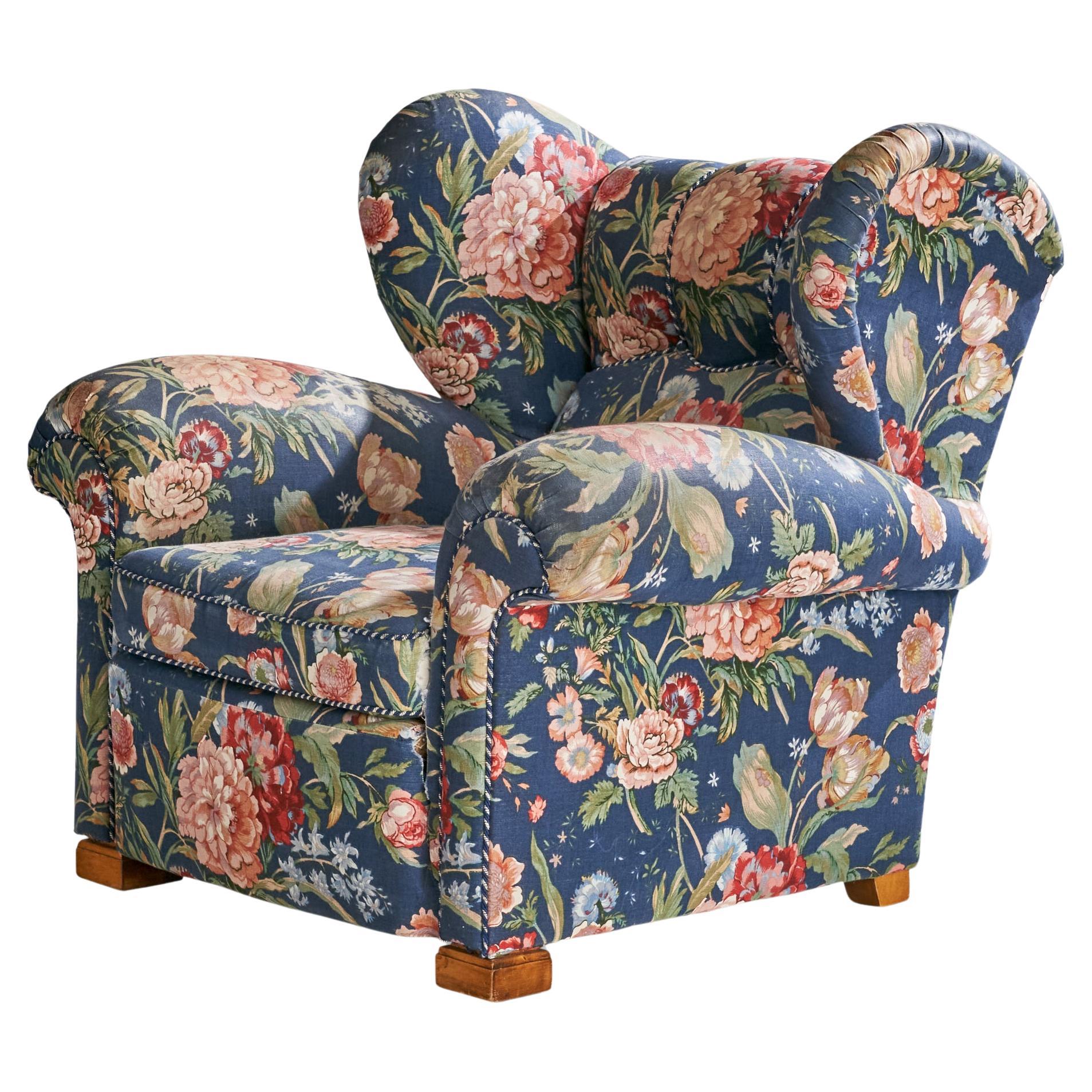Swedish Designer, Lounge Chair, Wood, Fabric, Sweden, 1930s