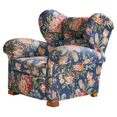 Swedish Designer, Lounge Chair, Wood, Fabric, Sweden, 1930s