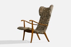 Swedish Designer, Lounge Chair, Wood, Fabric, Sweden, 1940s