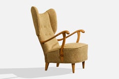 Swedish Designer, Lounge Chair, Wood, Fabric, Sweden, 1940s
