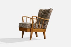Swedish Designer, Lounge Chair, Wood, Fabric, Sweden, 1940s