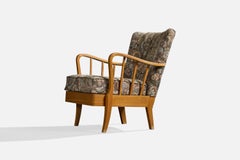 Swedish Designer, Lounge Chair, Wood, Fabric, Sweden, 1940s