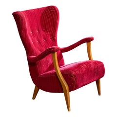 Swedish Designer, Lounge Chair, Wood, Fabric, Sweden, 1940s