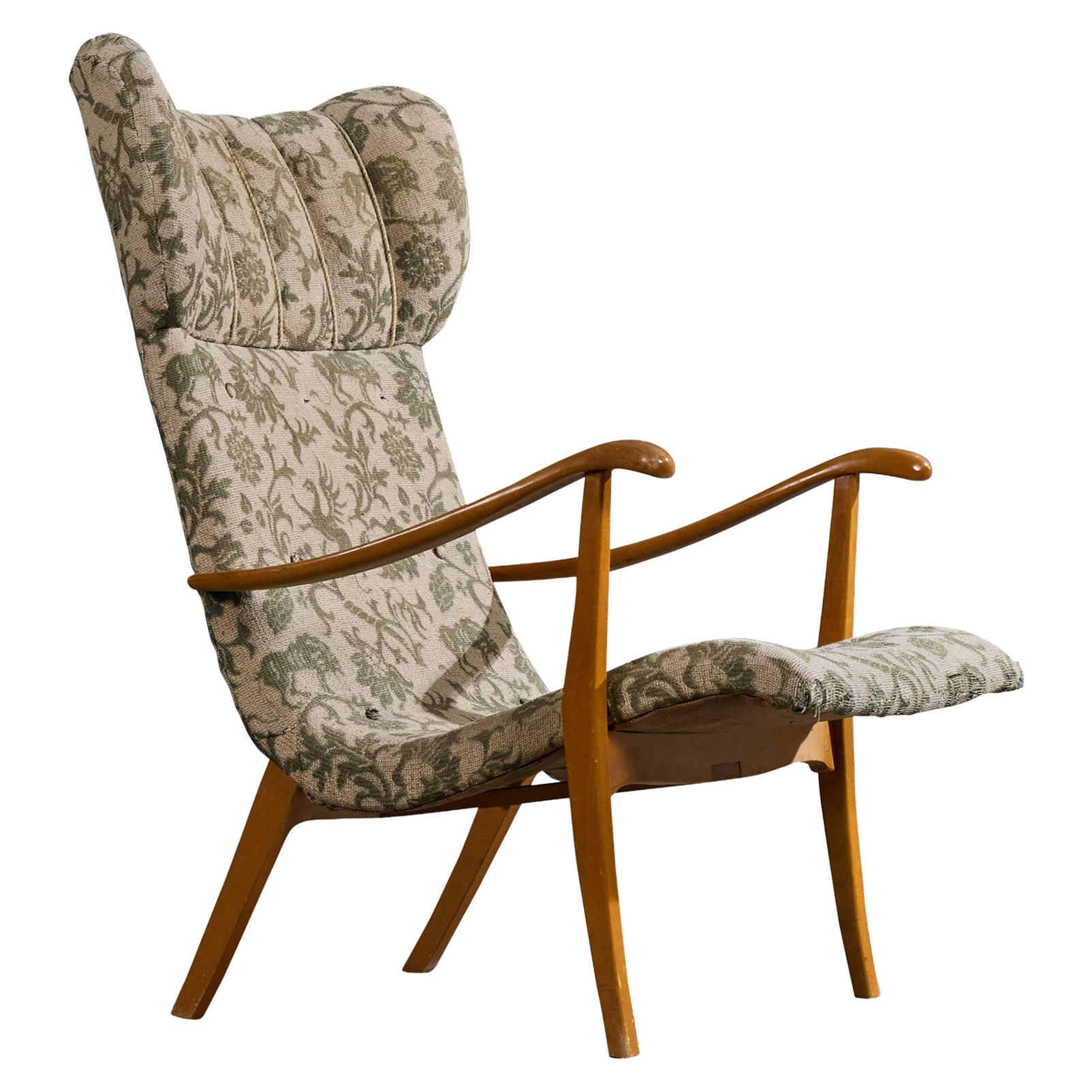 Swedish Designer, Lounge Chair, Wood, Fabric, Sweden, 1940s For Sale