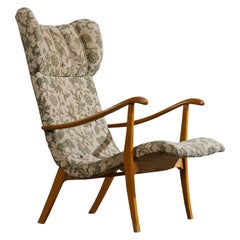 Swedish Designer, Lounge Chair, Wood, Fabric, Sweden, 1940s