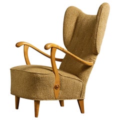 Swedish Designer, Lounge Chair, Wood, Fabric, Sweden, 1940s