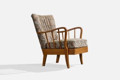 Swedish Designer, Lounge Chair, Wood, Fabric, Sweden, 1940s