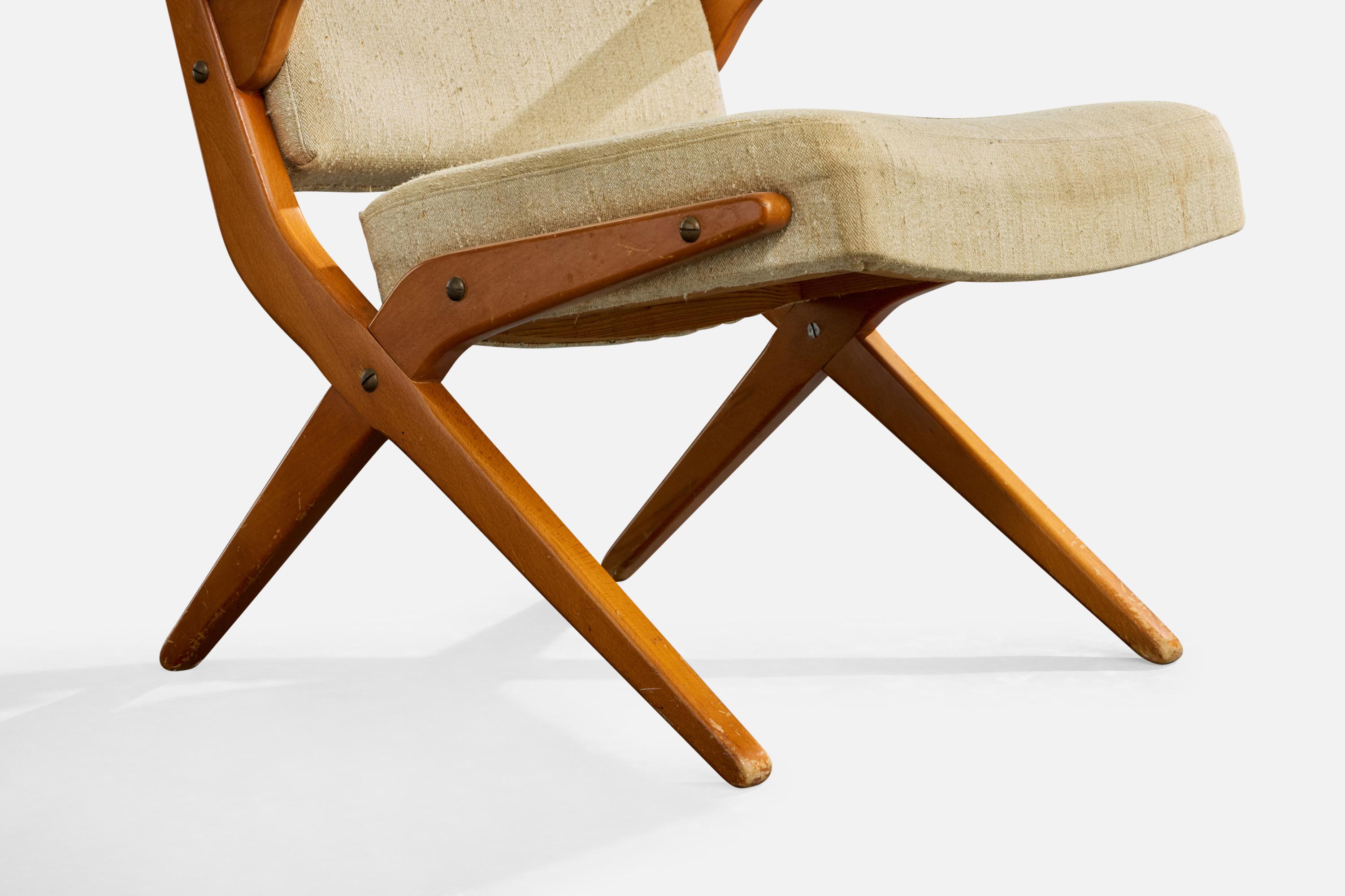 Schwedischer Designer, Loungesessel, Holz, Stoff, Schweden, 1950er Jahre im Angebot 6