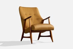 Swedish Designer, Lounge Chair, Wood, Fabric, Sweden, 1950s
