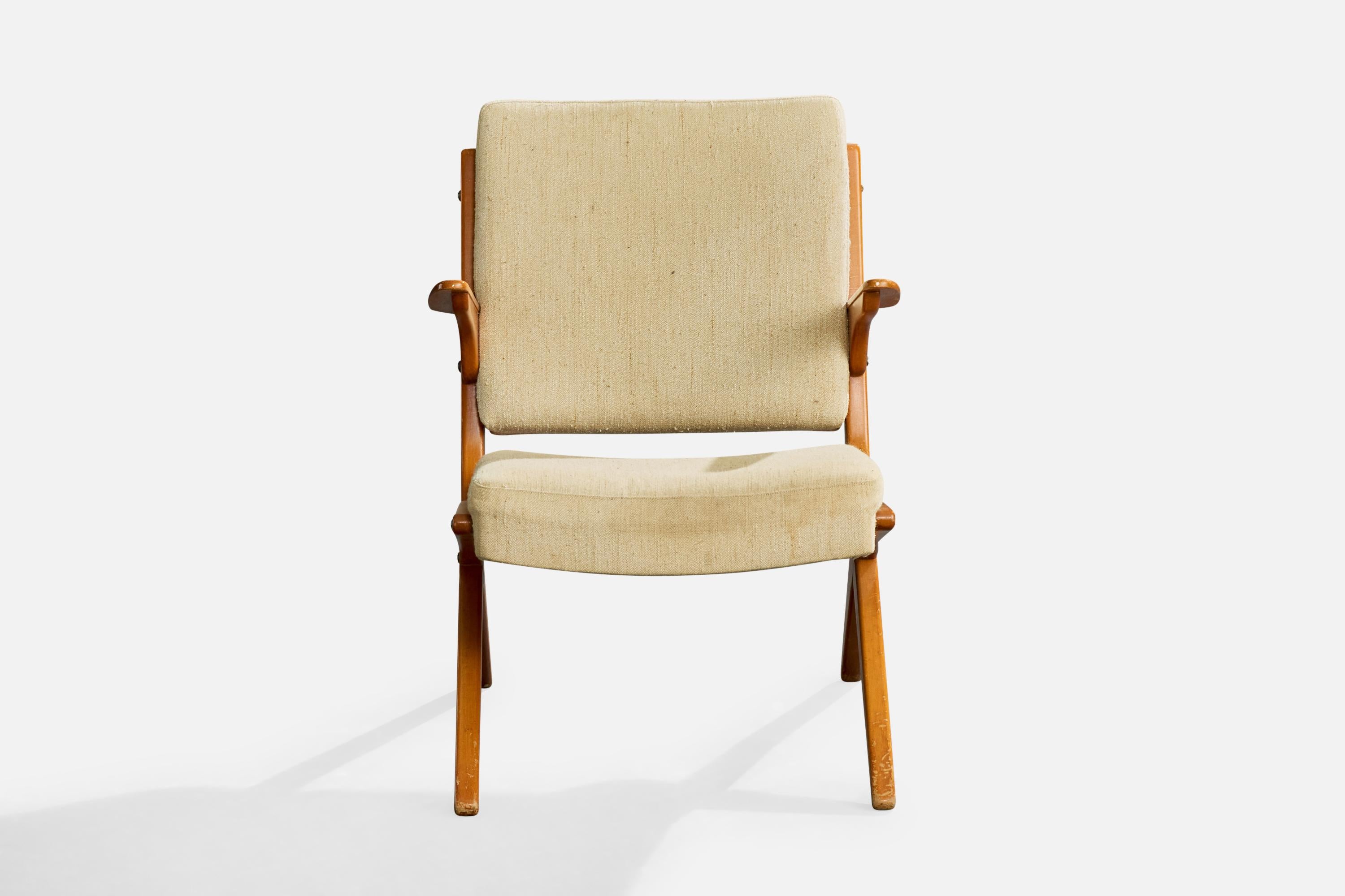 Schwedischer Designer, Loungesessel, Holz, Stoff, Schweden, 1950er Jahre (Moderne der Mitte des Jahrhunderts) im Angebot