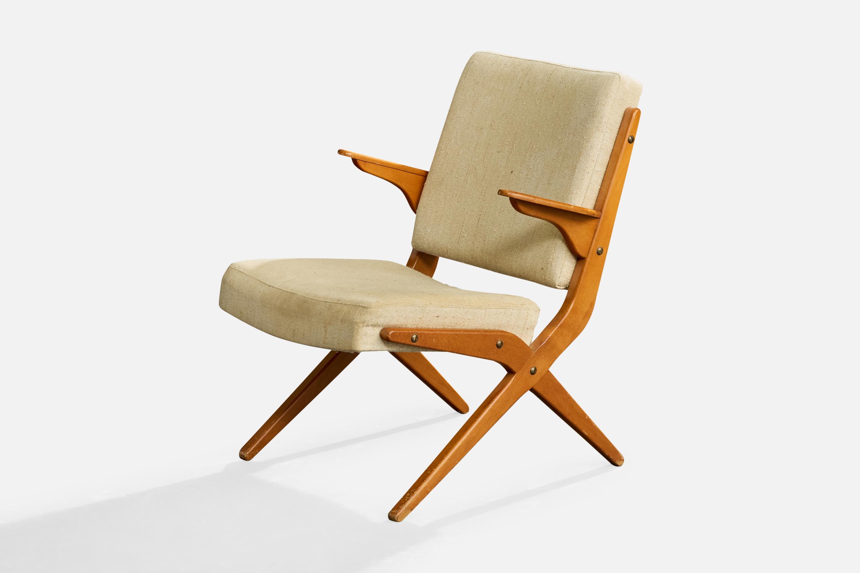 Schwedischer Designer, Loungesessel, Holz, Stoff, Schweden, 1950er Jahre im Zustand „Relativ gut“ im Angebot in High Point, NC