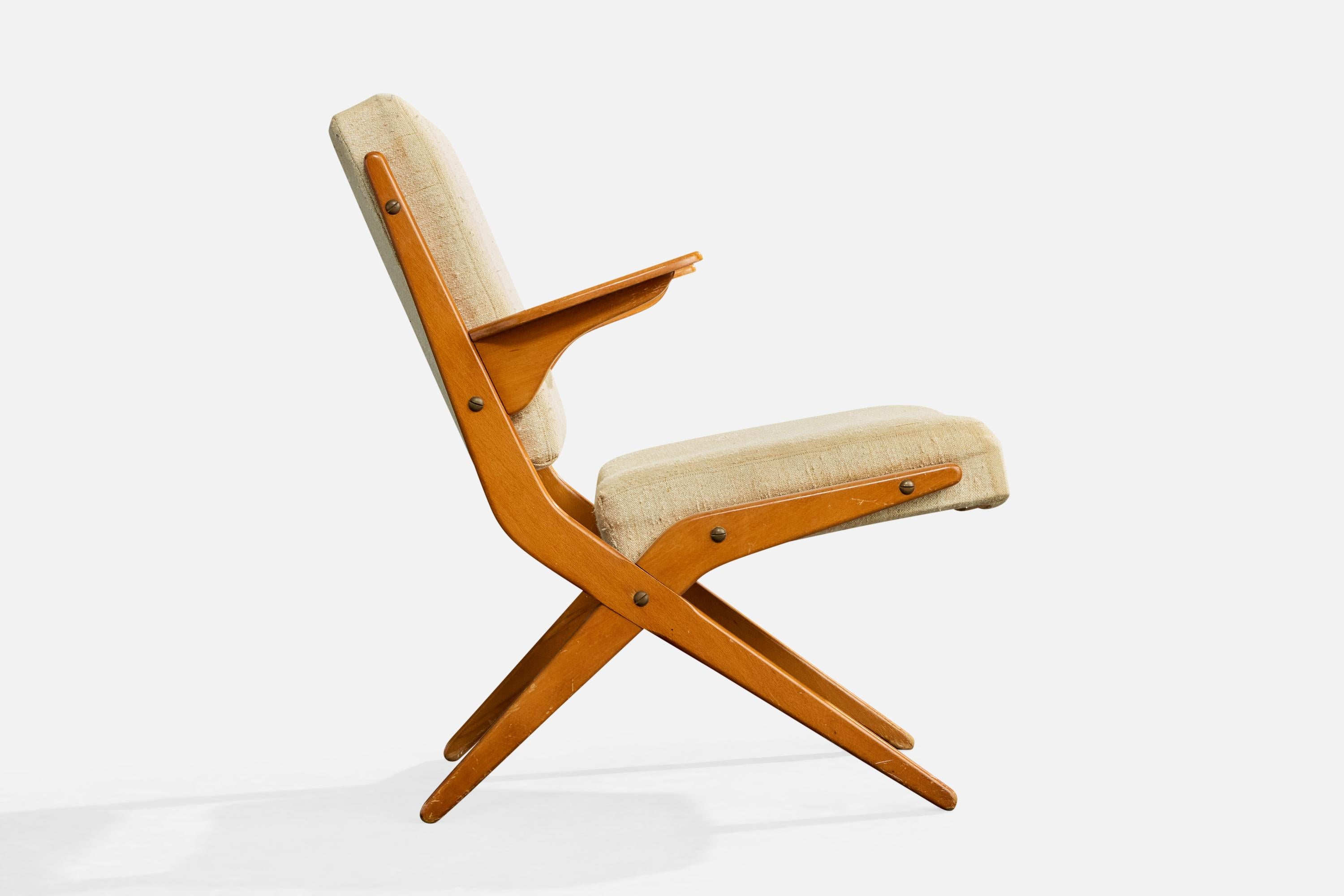 Schwedischer Designer, Loungesessel, Holz, Stoff, Schweden, 1950er Jahre im Angebot 1