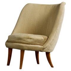 Swedish Designer, Lounge Chair, Wood, Fabric, Sweden, 1950s