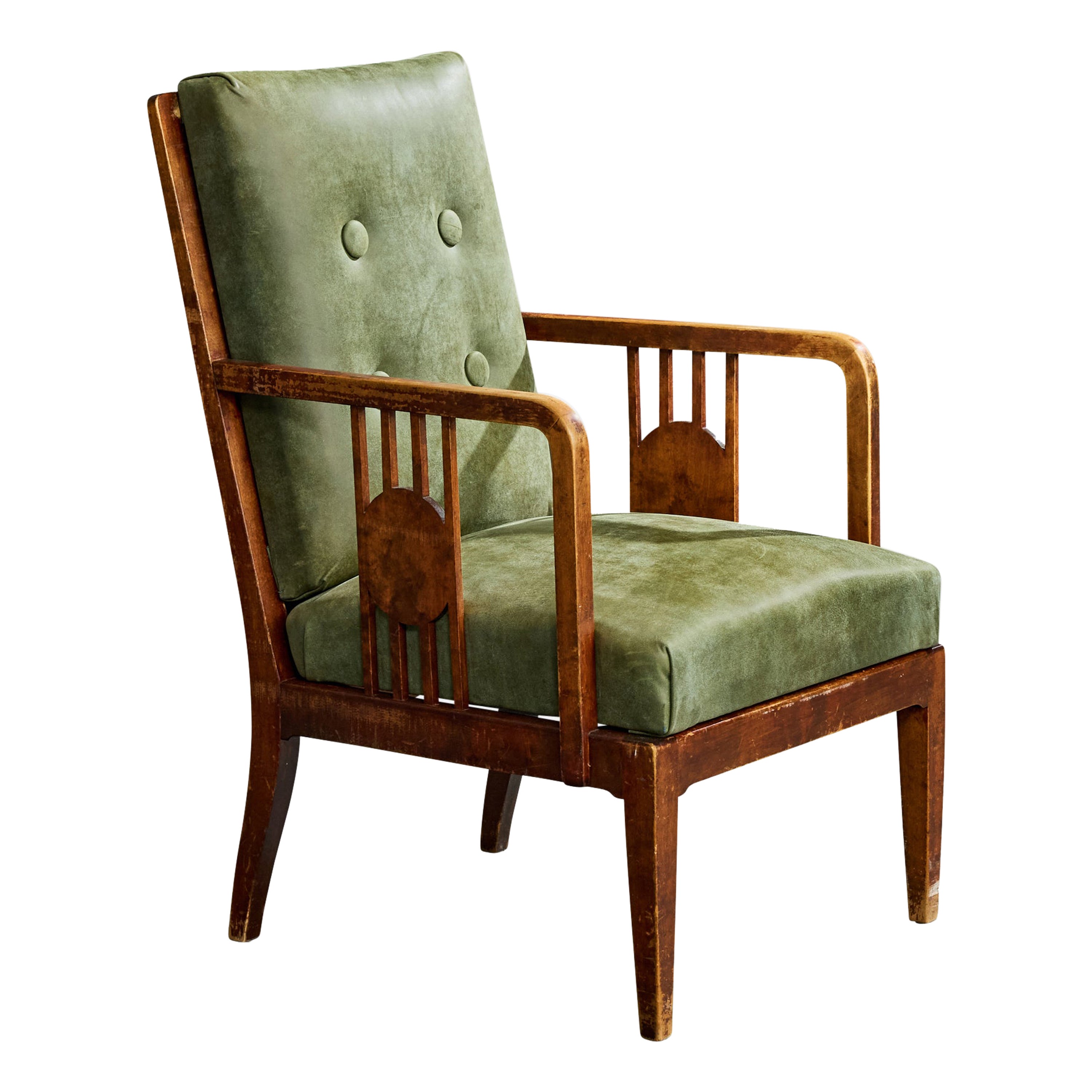 Swedish Designer, Lounge Chair, Wood, Leather, Sweden, 1900s