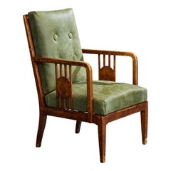 Swedish Designer, Lounge Chair, Wood, Leather, Sweden, 1900s