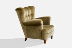 Swedish Designer, Lounge Chair, Wood, Velvet, Sweden, 1940s