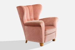 Swedish Designer, Lounge Chair, Wood, Velvet, Sweden, 1940s