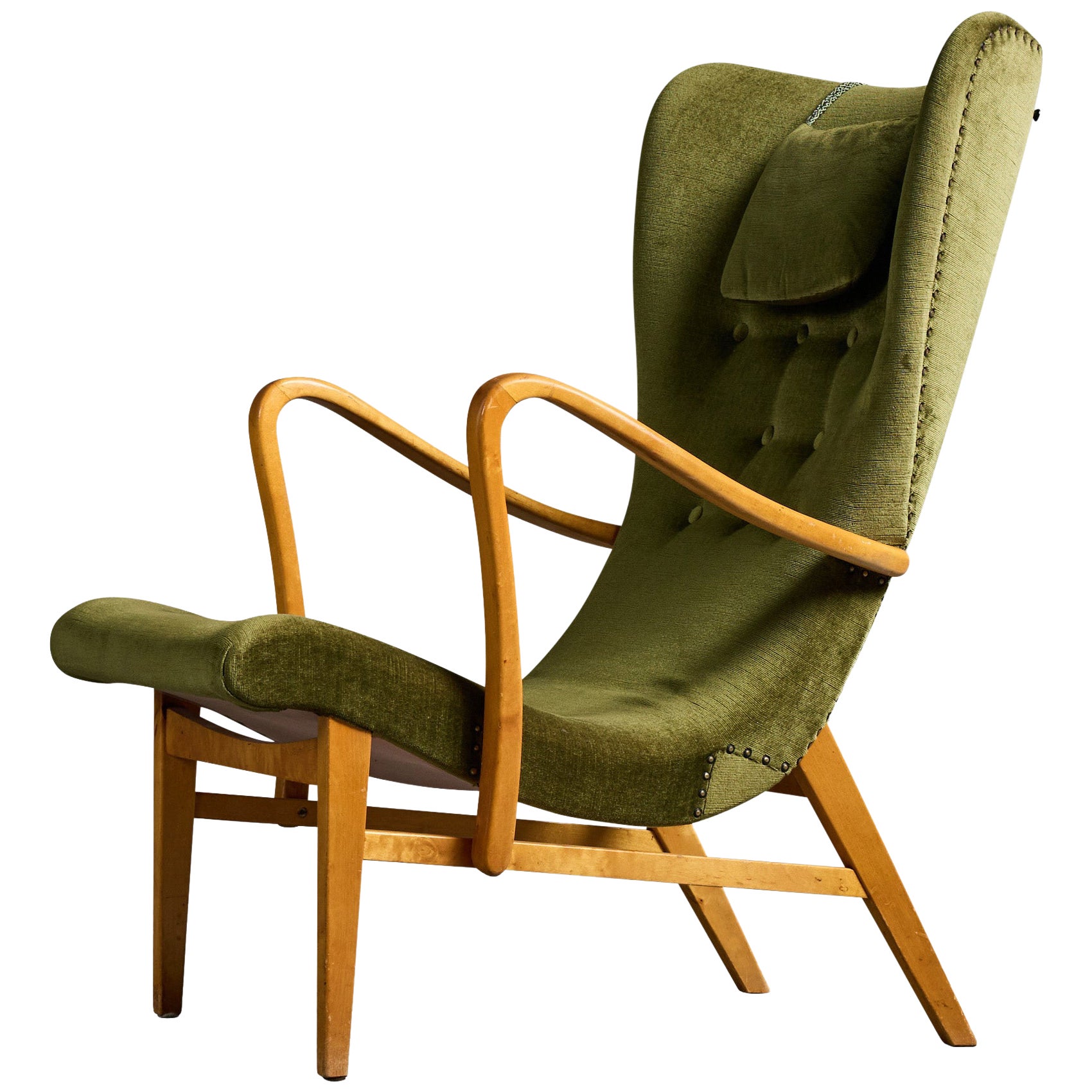 Swedish Designer, Lounge Chair, Wood, Velvet, Sweden, 1940s For Sale