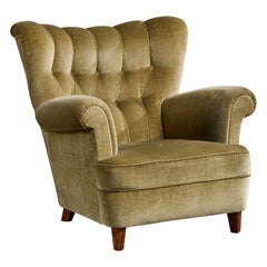 Swedish Designer, Lounge Chair, Wood, Velvet, Sweden, 1940s