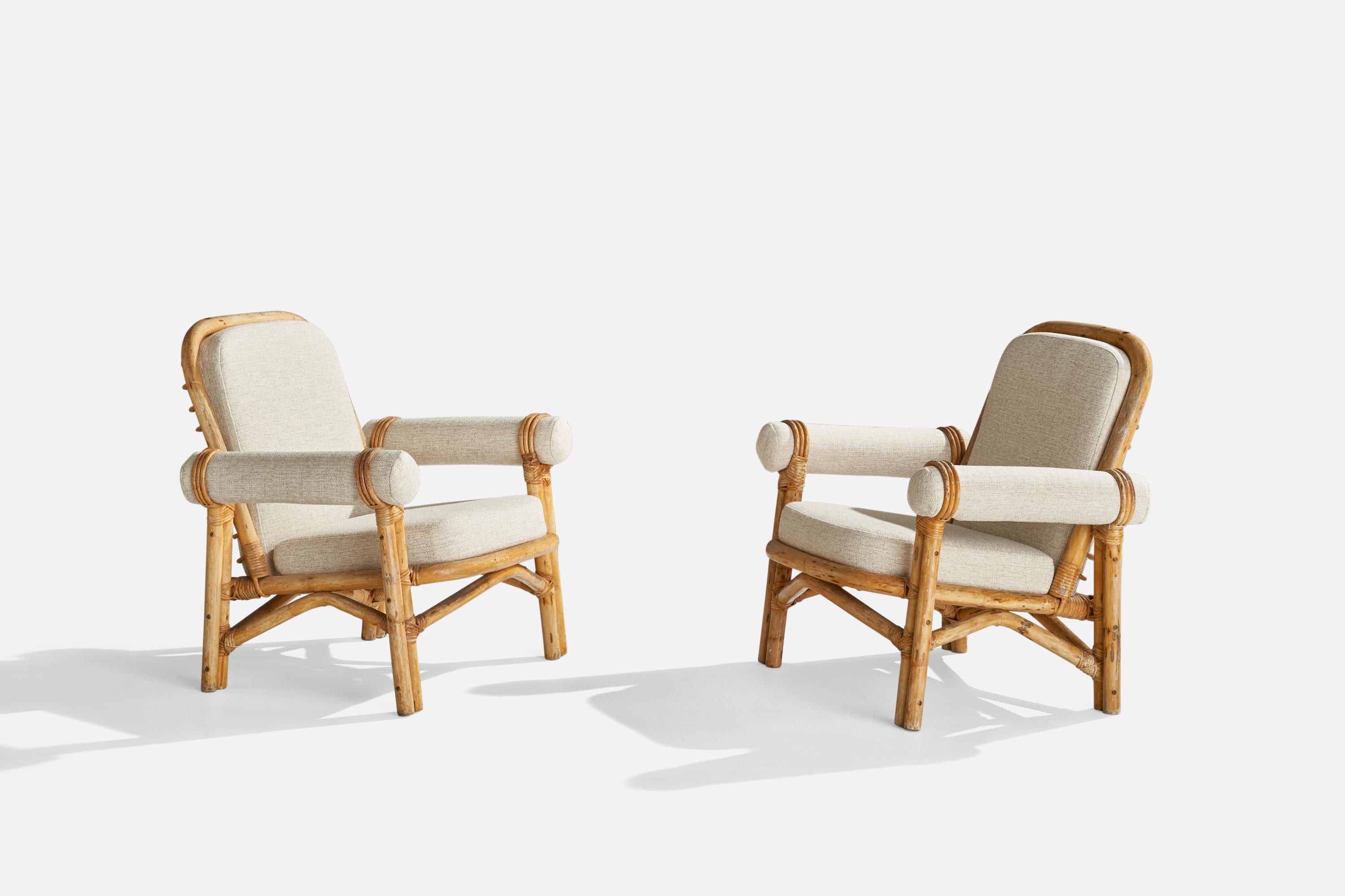 A pair of moulded bamboo, rattan and off-white fabric lounge chairs presumably designed and produced in Sweden, 1950s.

Seat height: 16.75