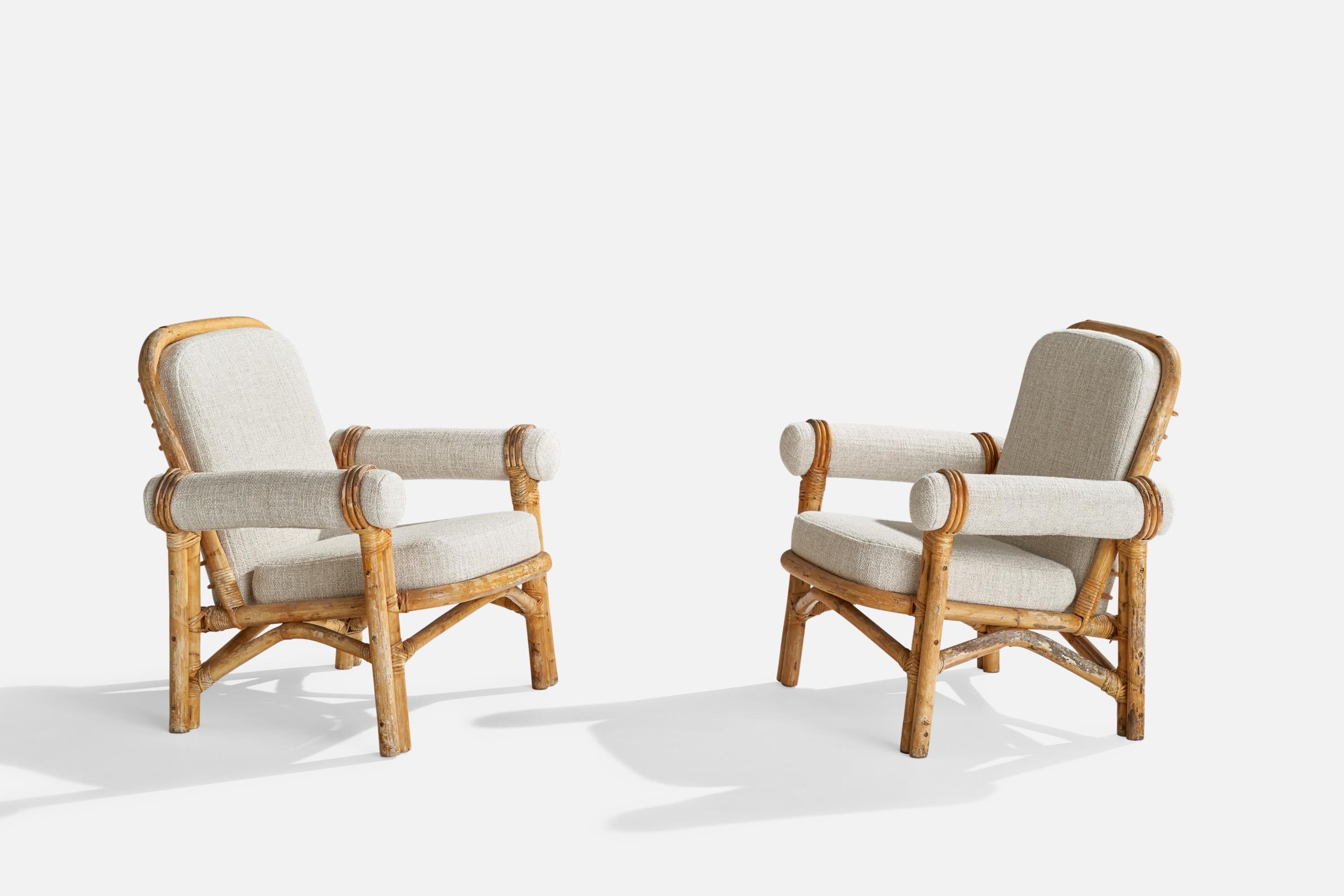 A pair of moulded bamboo, rattan and off-white fabric lounge chairs presumably designed and produced in Sweden, 1950s.

Seat height: 16.75”