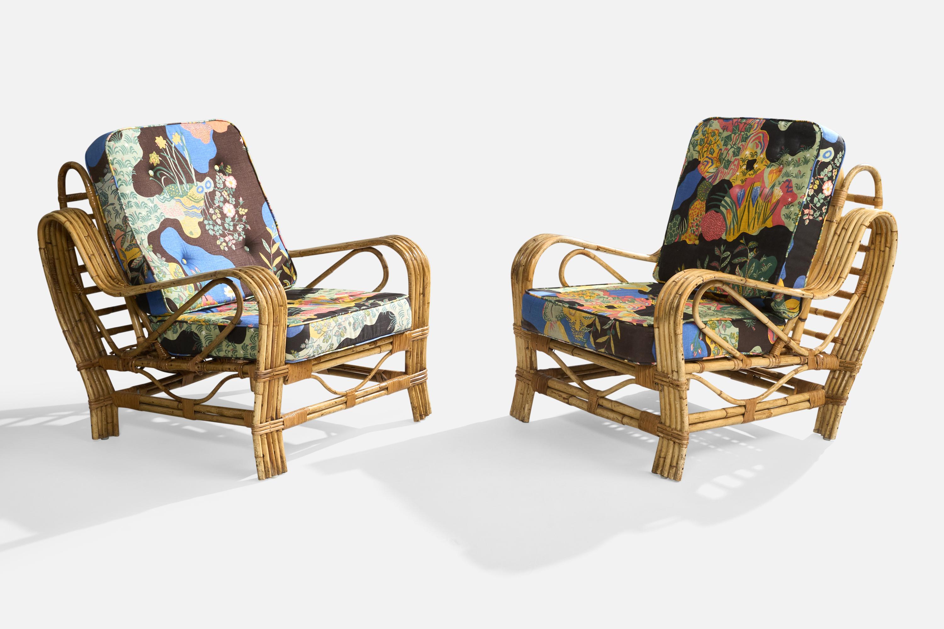Une paire de bambous moulés, du rotin et un tissu à imprimé floral conçu par Josef Frank et produit en Suède, c. les années 1950.

Le tissu vintage présente une patine spectaculaire et est en bon état.

Dimensions globales (pouces) : 35