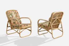 Swedish Designer, Lounge Chairs, Bamboo, Rattan, Fabric, Sweden, 1950s