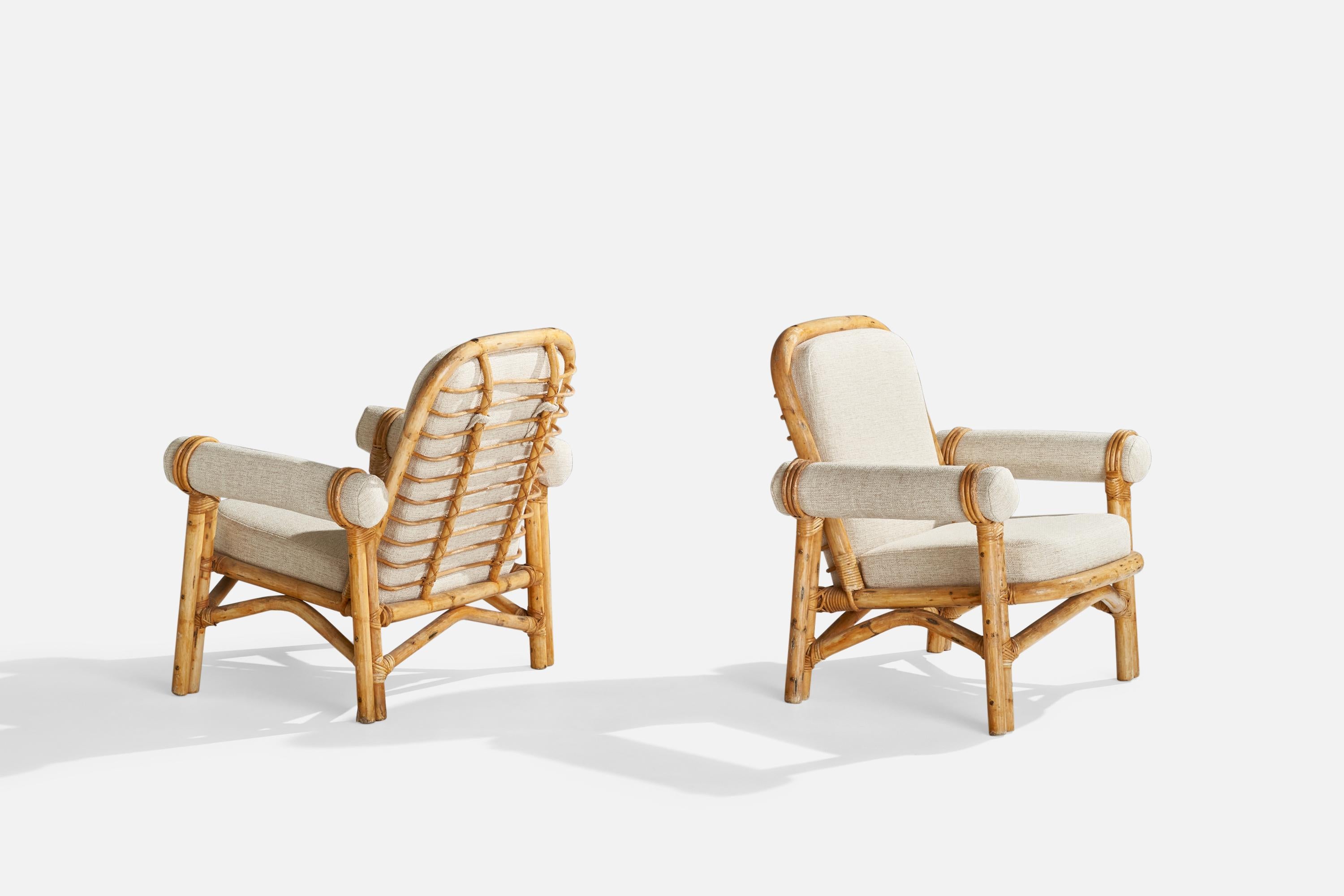 Swedish Designer, Lounge Chairs, Bamboo, Rattan, Fabric, Sweden, 1950s For Sale 1