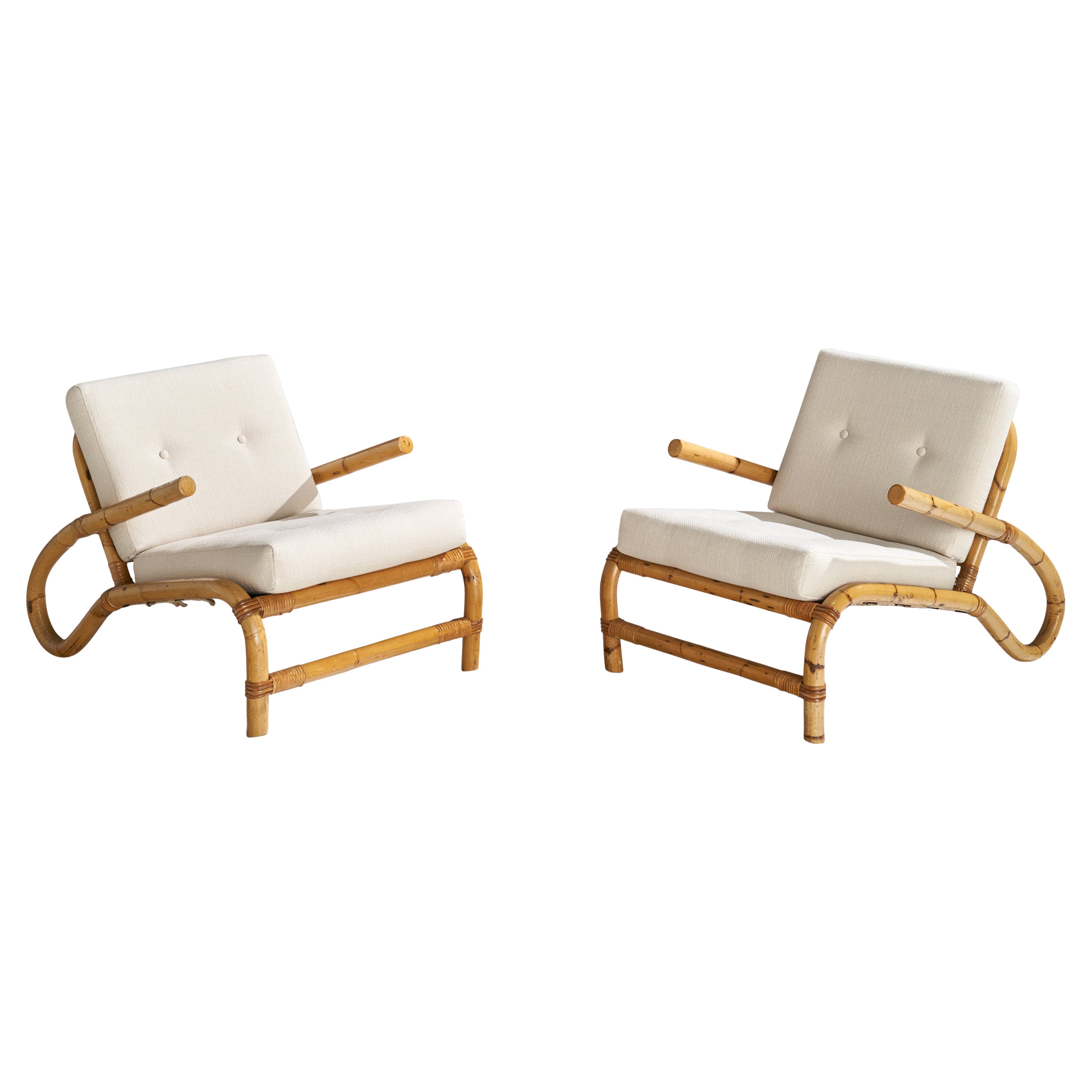 Swedish Designer, Lounge Chairs, Bamboo, Rattan, Fabric, Sweden, 1950s