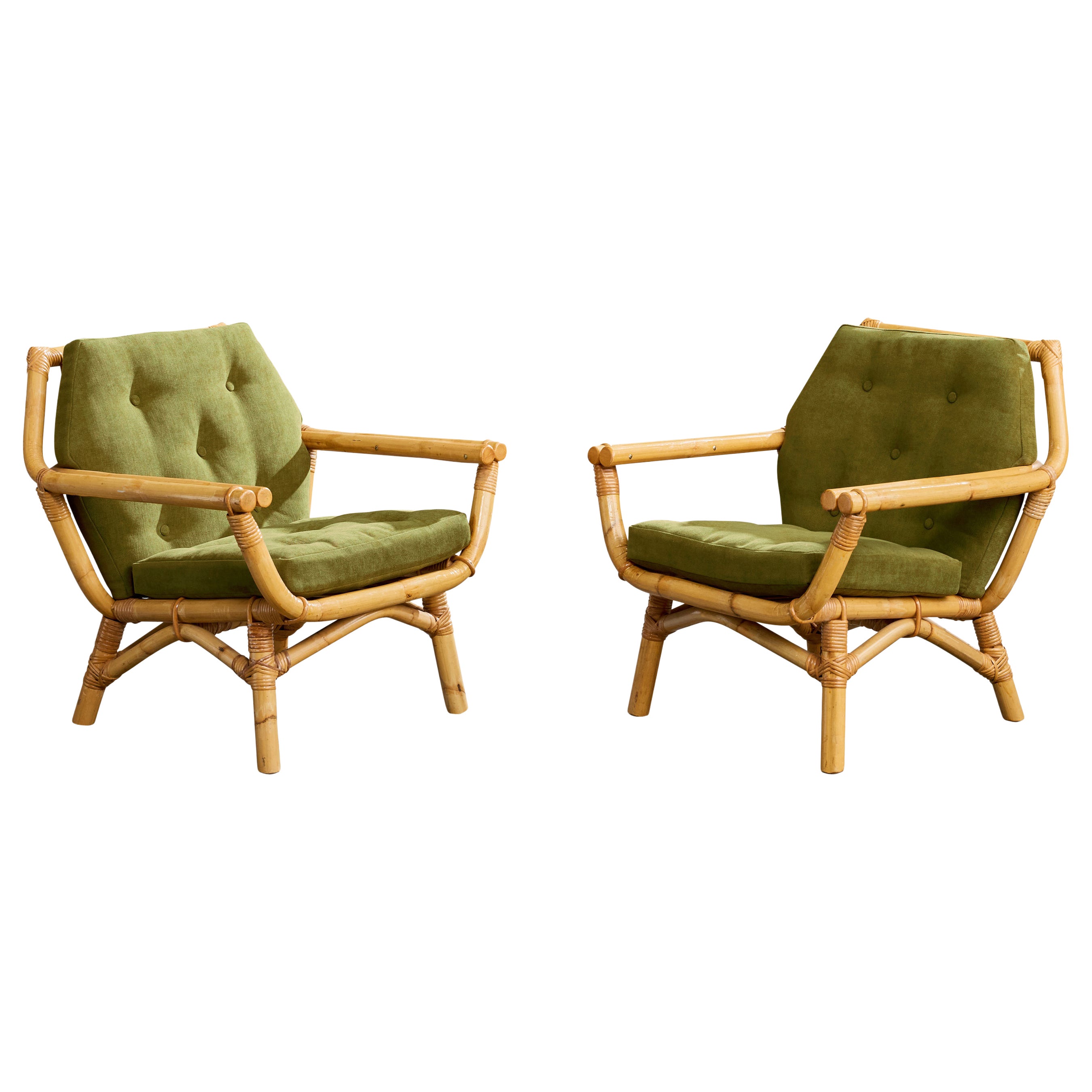 Swedish Designer, Lounge Chairs, Bamboo, Rattan, Fabric, Sweden, 1950s For Sale