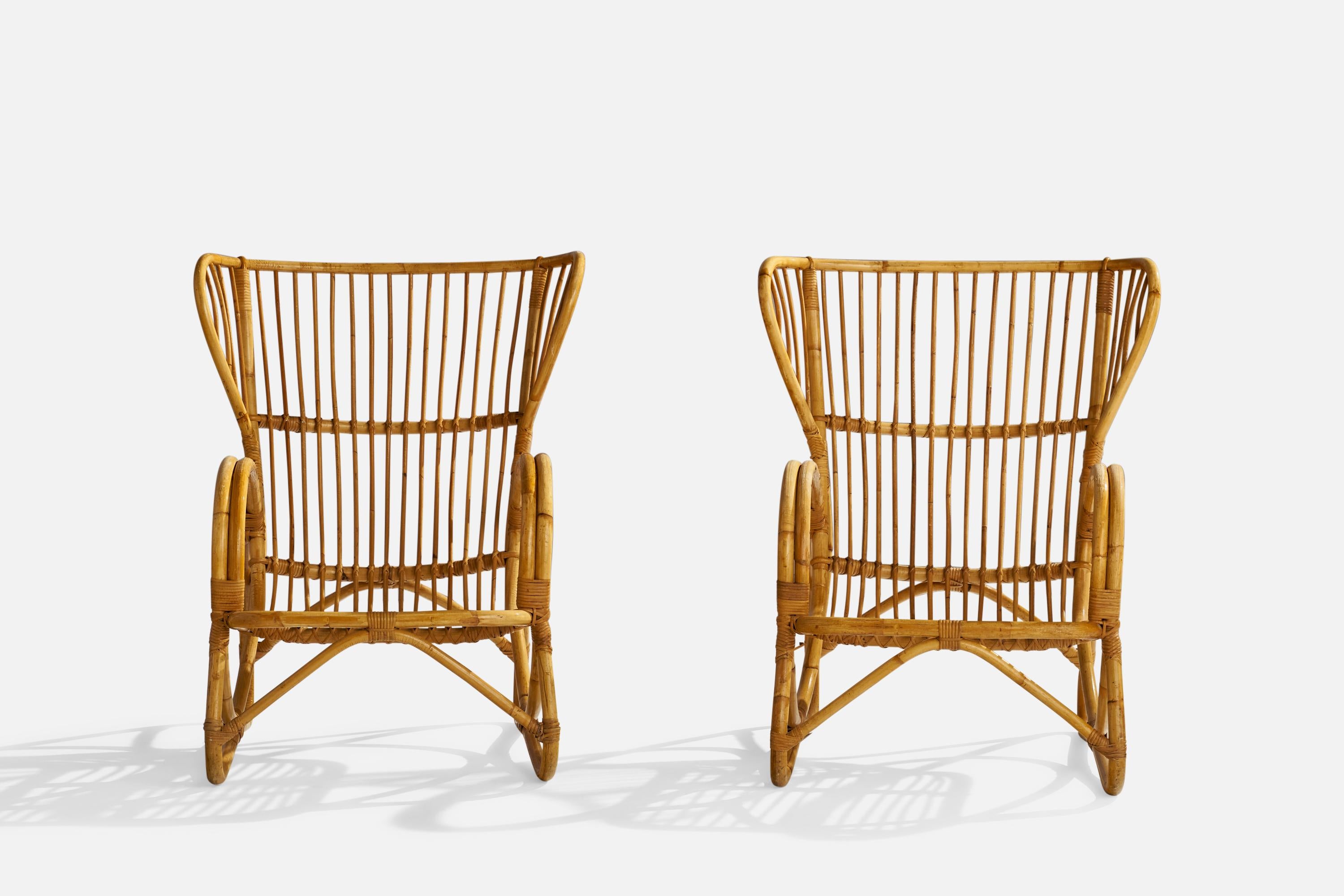 Mid-20th Century Swedish Designer, Lounge Chairs, Bamboo, Rattan, Sweden, 1950s For Sale