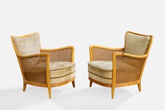 Swedish Designer, Lounge Chairs, Birch, Fabric, Cane, Sweden, 1930s
