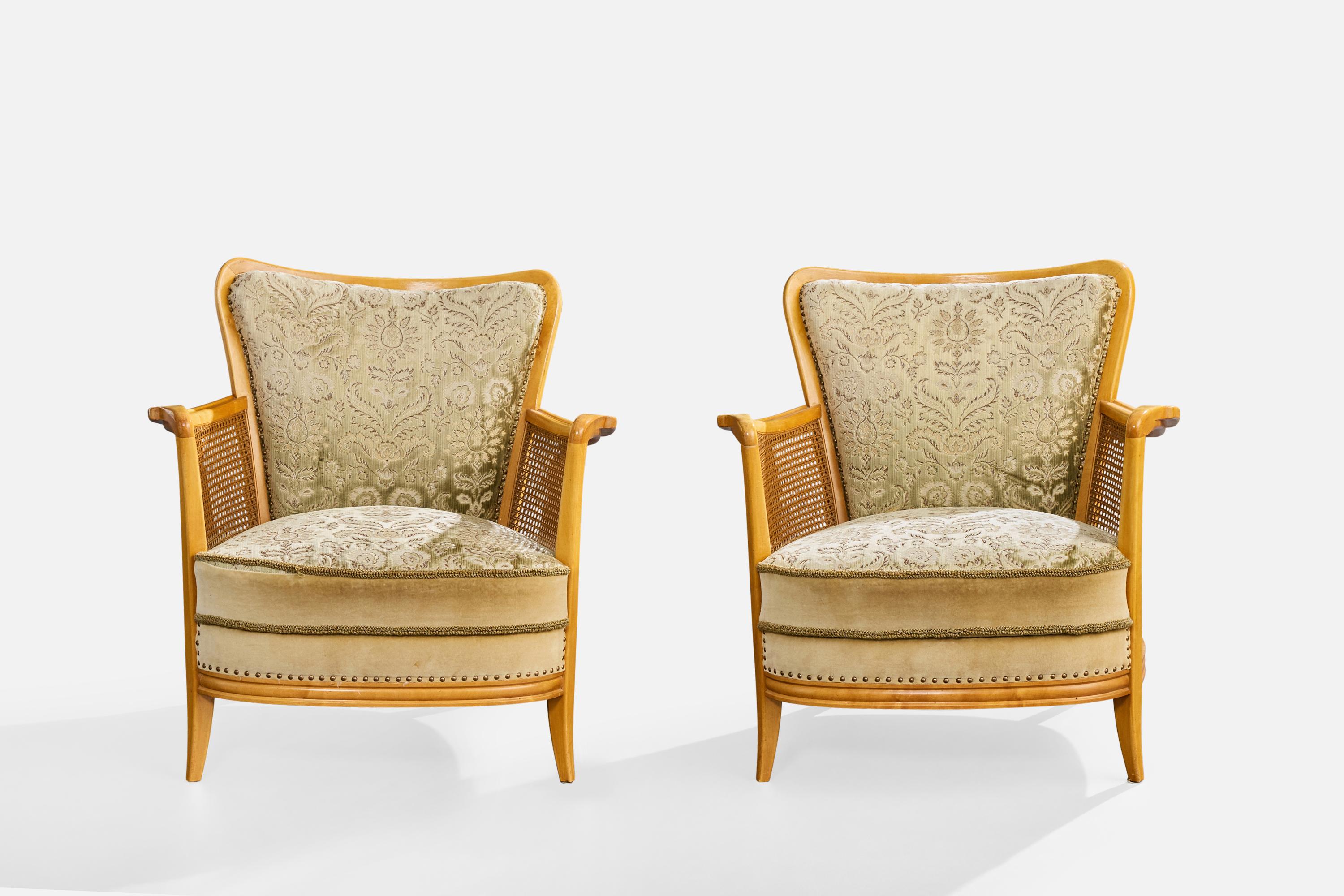 Suédois Designer suédois, chaises longues, bouleau, tissu, canne, Suède, années 1930 en vente