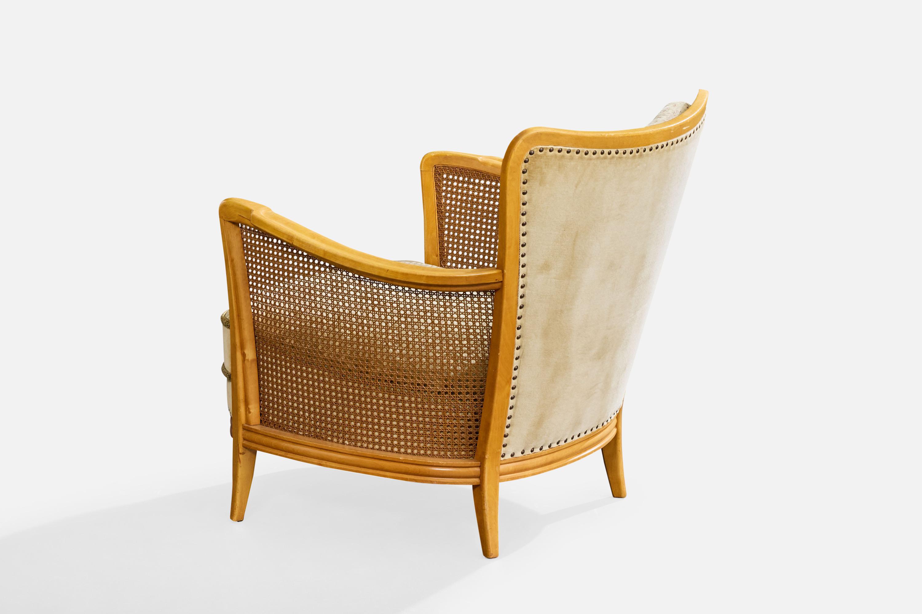 Milieu du XXe siècle Designer suédois, chaises longues, bouleau, tissu, canne, Suède, années 1930 en vente