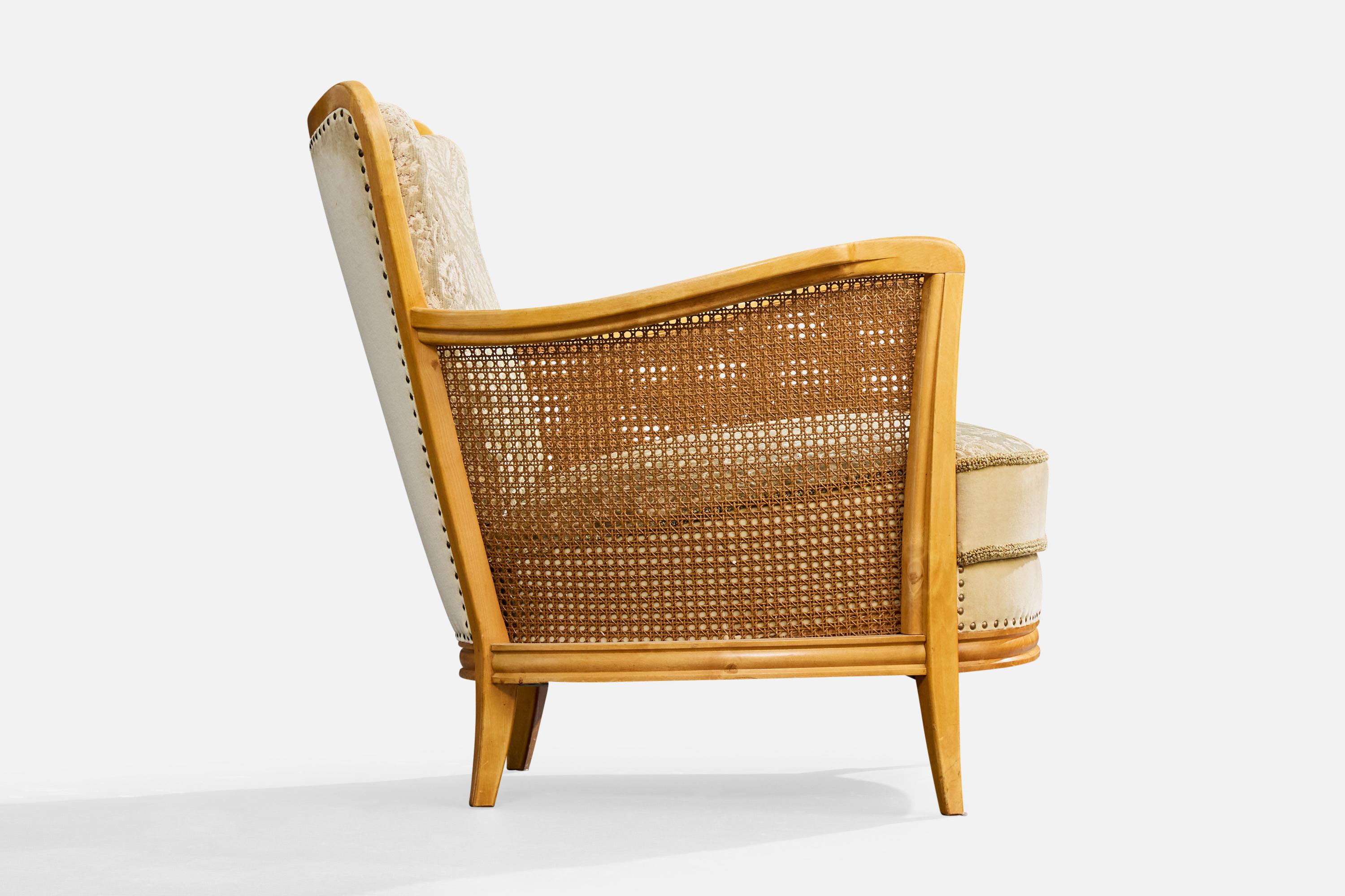 Tissu Designer suédois, chaises longues, bouleau, tissu, canne, Suède, années 1930 en vente