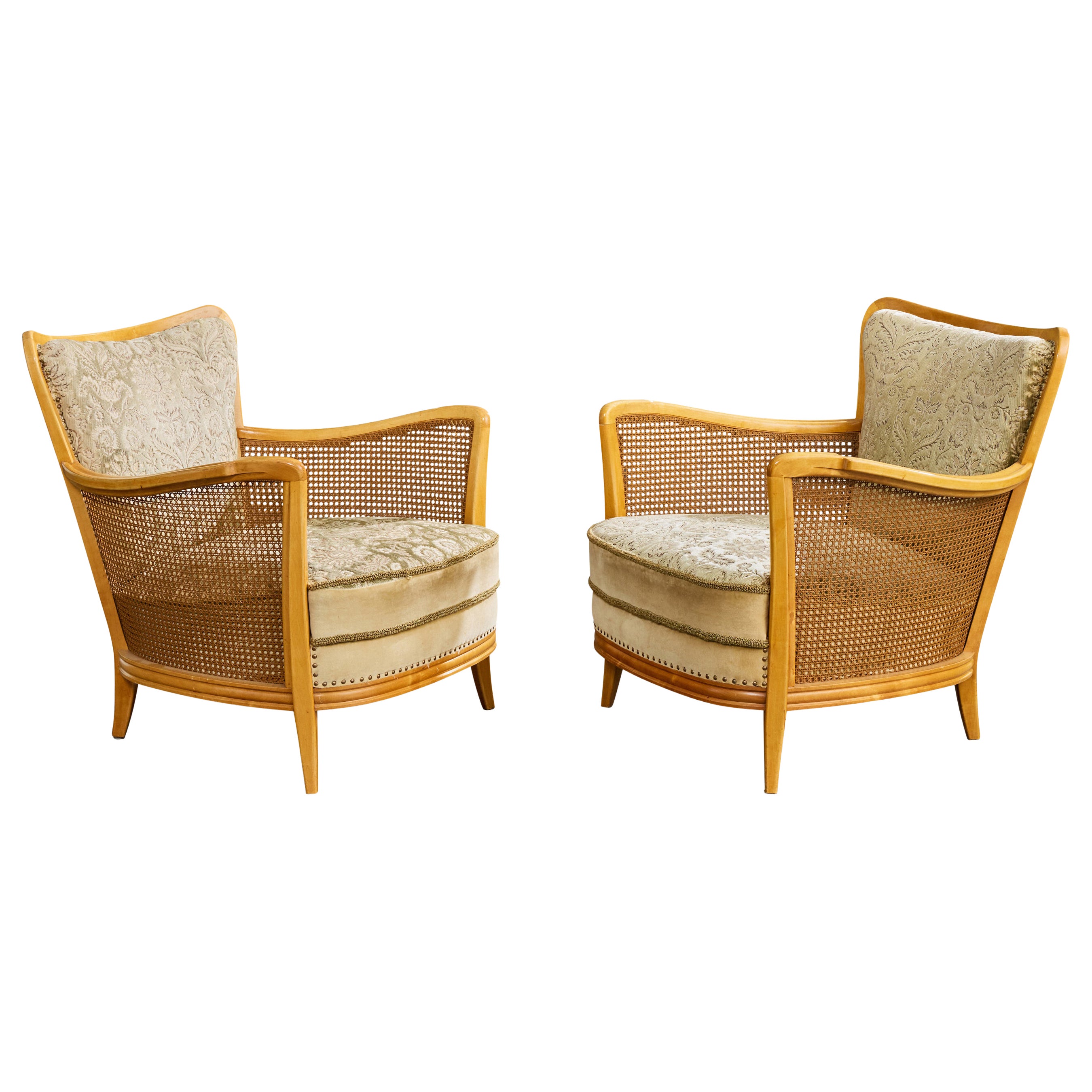 Swedish Designer, Lounge Chairs, Birch, Fabric, Cane, Sweden, 1930s