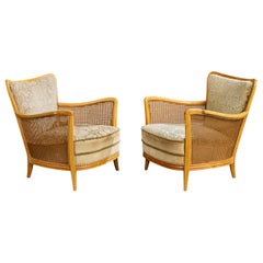 Swedish Designer, Lounge Chairs, Birch, Fabric, Cane, Sweden, 1930s