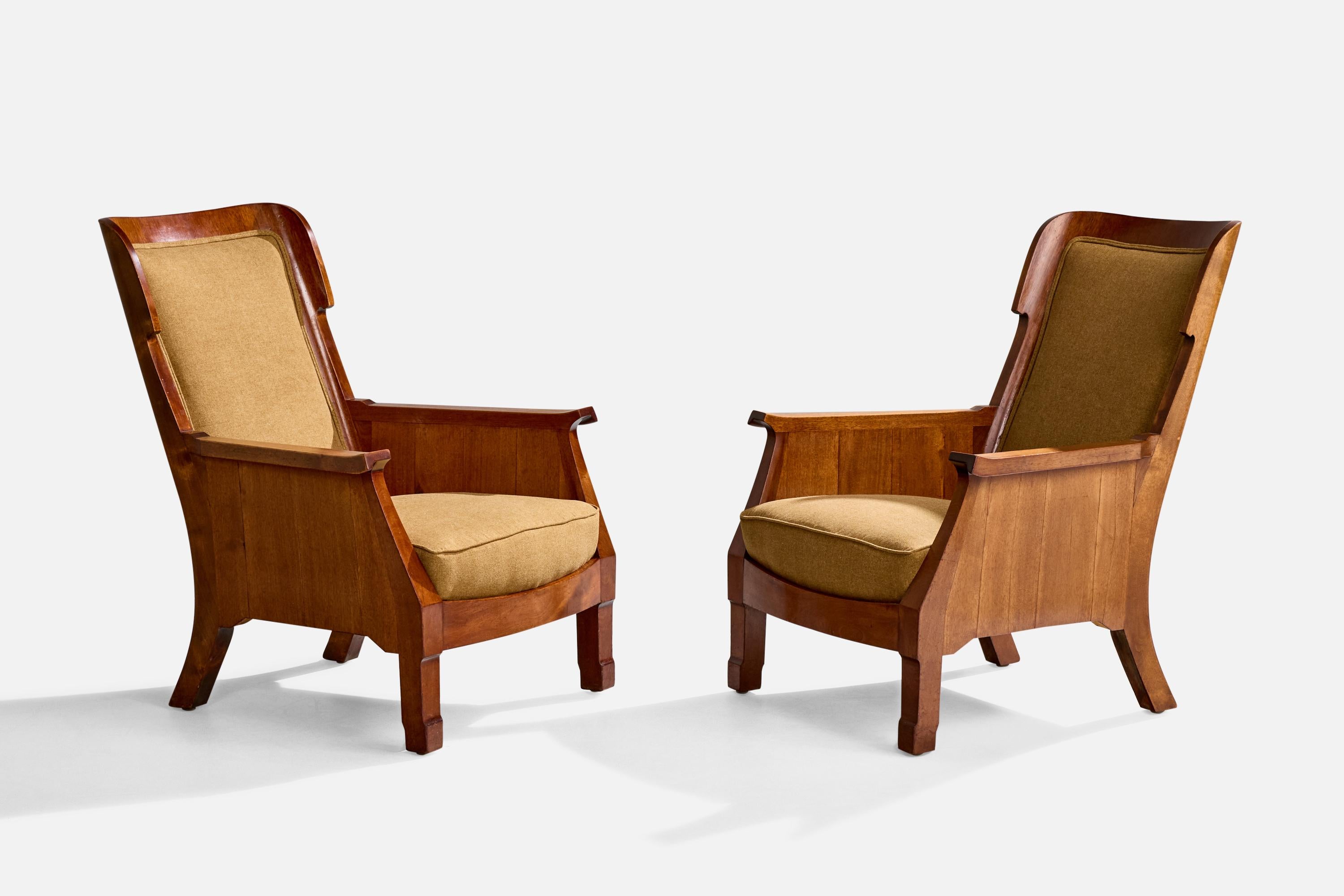 A pair of birch and brown fabric lounge chairs likely designed and produced in Sweden, c. 1900. 

Overall Dimensions (inches): 37.5
