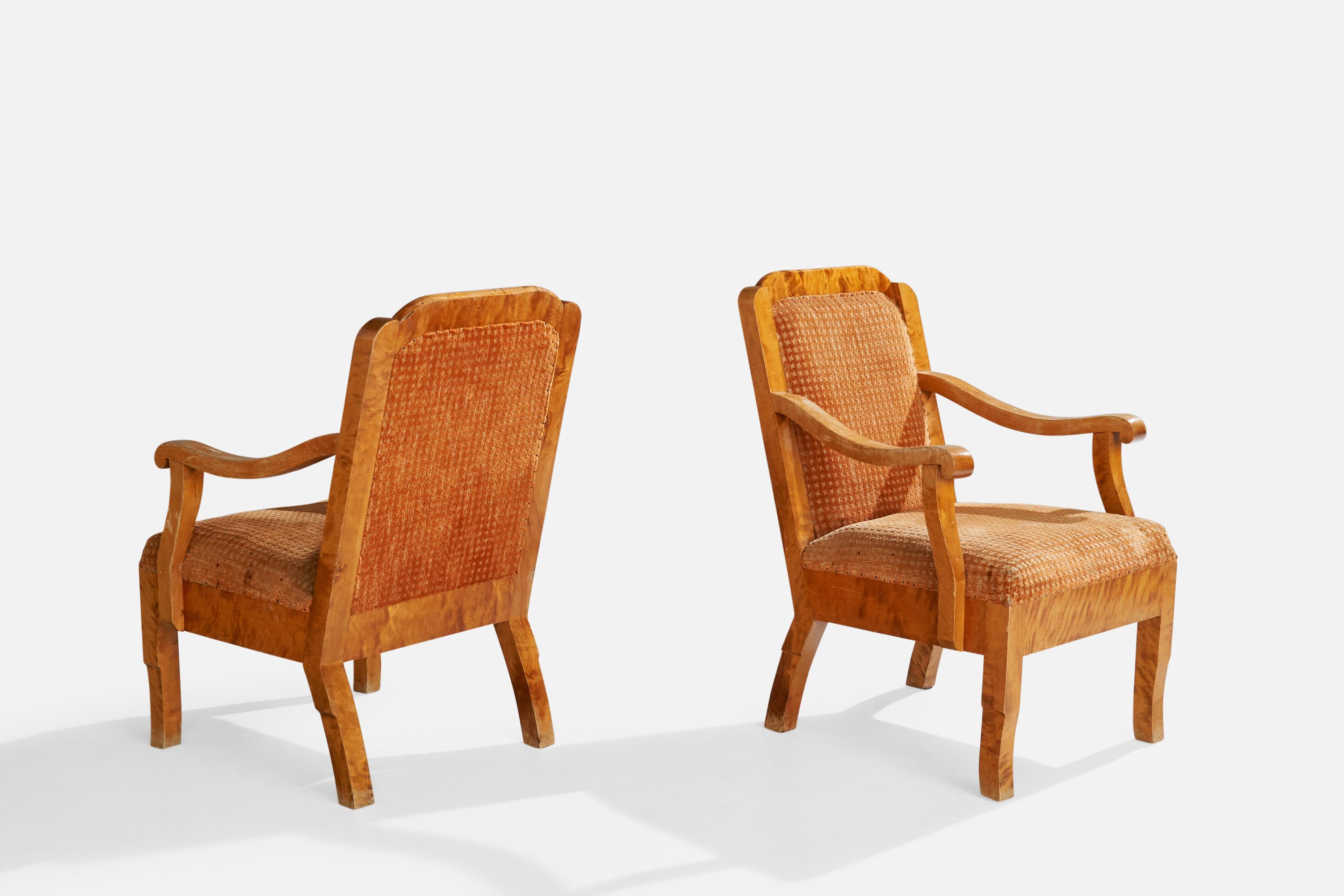 Art nouveau Designer suédois, fauteuils de salon, bouleau, tissu, Suède, années 1900 en vente