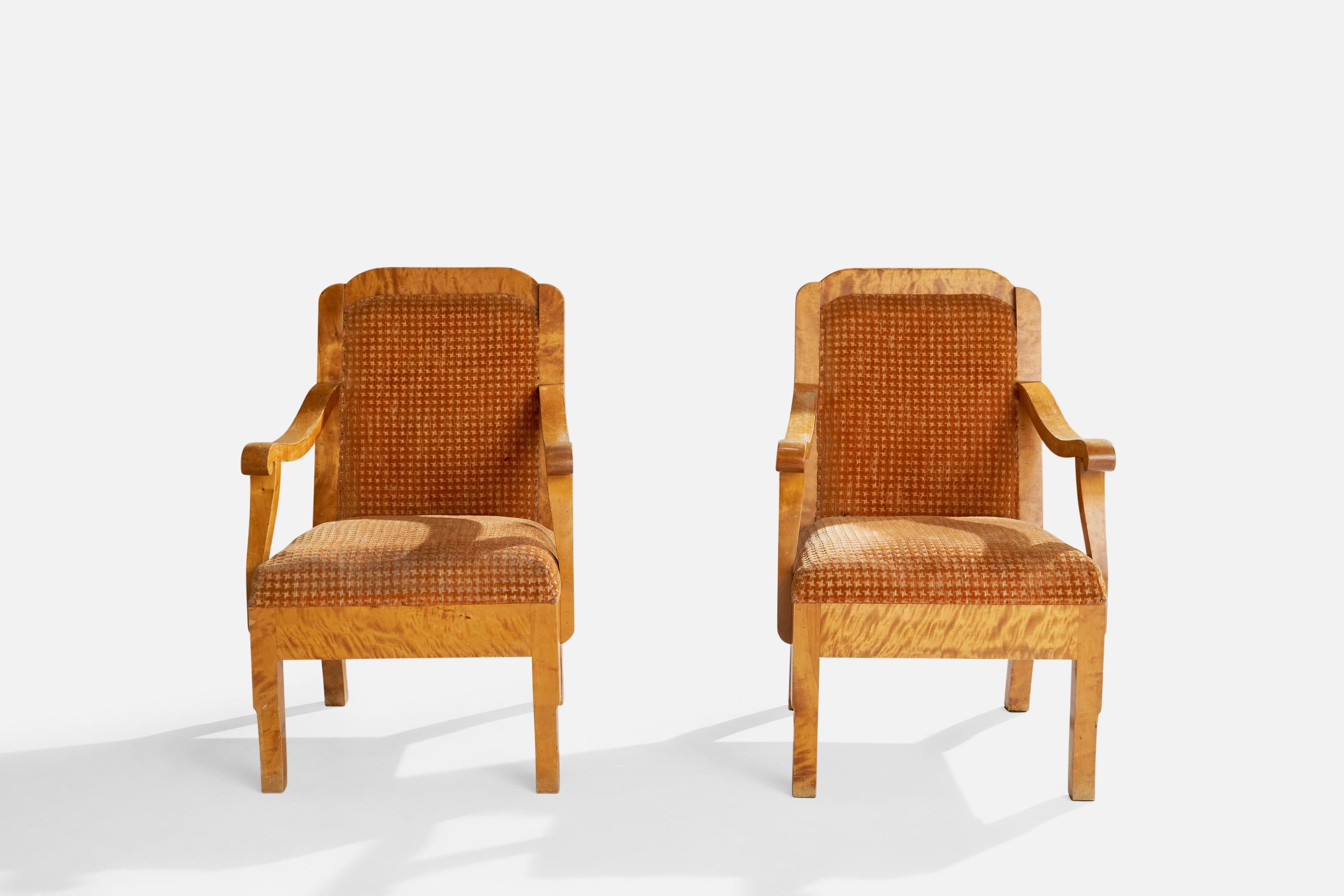 Suédois Designer suédois, fauteuils de salon, bouleau, tissu, Suède, années 1900 en vente