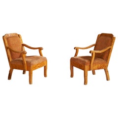 Swedish Designer, Lounge Chairs, Birch, Fabric, Sweden, 1900s