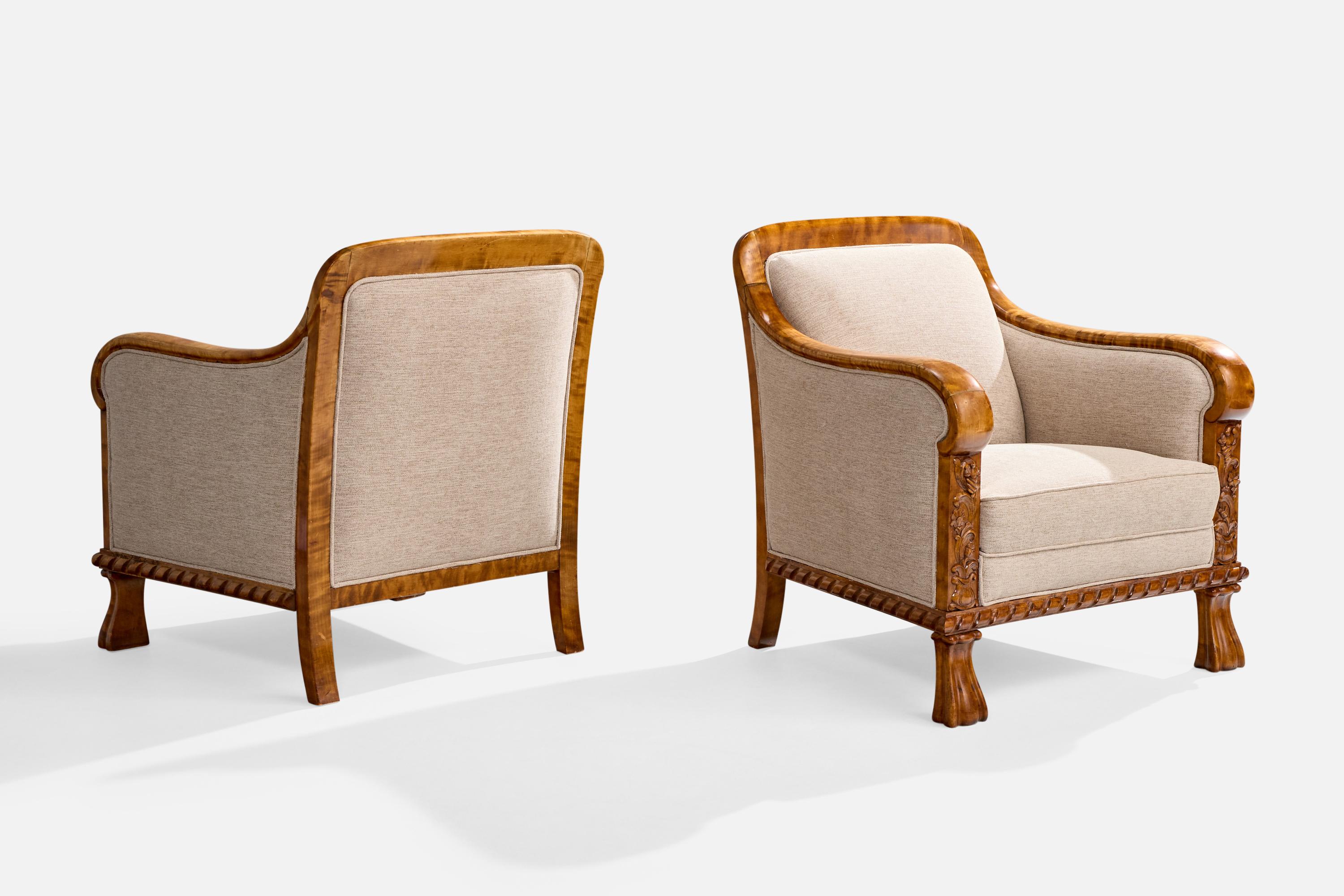 Schwedische Designerin, Loungesessel, Birke, Stoff, Schweden, 1910er Jahre (Frühes 20. Jahrhundert)